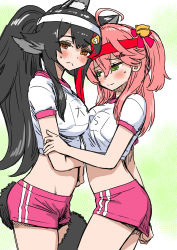 Rule 34 | 2girls, :&lt;, ahoge, alternate costume, animal ears, bell, between legs, black hair, blush, closed mouth, cropped shirt, embarrassed, from side, green eyes, green hair, gym uniform, hair bell, hair between eyes, hair ornament, hairclip, headband, highres, hololive, jingle bell, long hair, looking at viewer, midriff, multiple girls, name tag, one side up, ookami mio, orange eyes, pink hair, pink shorts, ponytail, sabaku chitai, sakura miko, shirt, short shorts, short sleeves, shorts, sketch, standing, tail, tail between legs, virtual youtuber, white shirt, wolf ears