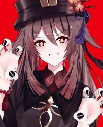Rule 34 | 1girl, black nails, bracelet, brown eyes, brown hair, brown hat, brown shirt, claw pose, collared shirt, commentary, flower-shaped pupils, genshin impact, grin, hat, hu tao (genshin impact), jewelry, long hair, looking at viewer, marutaro, multiple rings, nail polish, red background, ring, shirt, simple background, smile, solo, symbol-shaped pupils, twintails