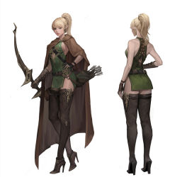 Rule 34 | 1girl, absurdres, arrow (projectile), blonde hair, boots, bow, bow (weapon), cloak, dermiss, elf, fantasy, green eyes, hand on own hip, highres, holding, holding bow (weapon), holding weapon, multiple views, original, pointy ears, ponytail, quiver, standing, thigh boots, thighhighs, weapon, white background