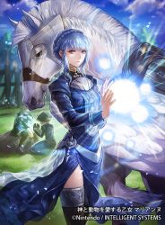 Rule 34 | 1girl, blue hair, blue sky, braid, brown eyes, cloud, company name, copyright name, crown braid, day, dress, fire emblem, fire emblem: three houses, fire emblem cipher, grass, hat, horse, long sleeves, marianne von edmund, nintendo, official art, outdoors, parted lips, pegasus, rock, sitting, sky, tree, uroko (mnr), wings