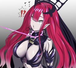Rule 34 | !?, 1girl, breasts, circlet, collar, detached sleeves, earrings, baobhan sith (fate), fate/grand order, fate (series), grey background, grey eyes, highres, jewelry, large breasts, long hair, open mouth, pink collar, pink hair, pointy ears, revealing clothes, solo, spiked collar, spikes, string, surprised, tongue