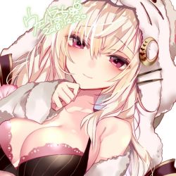 Rule 34 | 1girl, bad id, bad pixiv id, black bra, blonde hair, blush, bra, breasts, cleavage, close-up, closed mouth, crescent, crescent hair ornament, dated, flower knight girl, hair ornament, hood, large breasts, long hair, looking at viewer, oenothera (flower knight girl), purple eyes, raised eyebrows, signature, simple background, smile, solo, uehara (higanbachi), underwear, white background