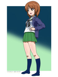 Rule 34 | 1girl, artist name, black neckerchief, blouse, blue jacket, blue socks, brown eyes, brown hair, buttons, coat, commentary, dated, double-breasted, full body, girls und panzer, green skirt, hands on own hips, highres, jacket, kneehighs, long sleeves, looking to the side, miniskirt, naotosi, neckerchief, nishizumi miho, no shoes, ooarai school uniform, open clothes, open coat, open mouth, outside border, pleated skirt, sailor collar, school uniform, serafuku, shirt, short hair, skirt, smile, socks, solo, standing, white sailor collar, white shirt, winter uniform