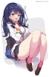 Rule 34 | 1girl, black hair, black skirt, breasts, brown footwear, cardigan, commentary request, gridman universe, hong (white spider), loafers, looking at viewer, medium breasts, open mouth, school uniform, shoes, skirt, solo, ssss.gridman, takarada rikka, thick thighs, thighs, white background, white cardigan