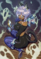 Rule 34 | 1girl, animal ears, blunt bangs, bow, breasts, cat ears, cat tail, cleavage, commission, crop top, dark-skinned female, dark skin, fang, flower, glasses, hair flower, hair ornament, high heels, highres, kionaoki, looking at viewer, magnifying glass, making-of available, medium breasts, midriff, open mouth, original, purple hair, rimless eyewear, short hair with long locks, sitting, skeb commission, skin fang, solo, tail, thighhighs, wariza, yellow eyes