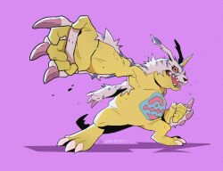Rule 34 | artist name, commentary, digimon, digimon (creature), english commentary, full body, gabumon, gatoiberico, highres, horns, no humans, open mouth, orange eyes, purple background, simple background, single horn, solo, standing, teeth