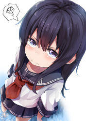 Rule 34 | 1girl, akatsuki (kancolle), anchor symbol, black hair, black sailor collar, black skirt, commentary request, from above, highres, kantai collection, long hair, looking at viewer, neckerchief, no headwear, pleated skirt, purple eyes, red neckerchief, sailor collar, simple background, skirt, solo, spoken squiggle, squiggle, taisho (gumiyuki), wading, water, white background