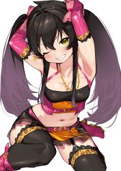 Rule 34 | 1girl, animal print, armpits, arms behind head, bare shoulders, black hair, black thighhighs, breasts, cleavage, commentary request, elbow gloves, gloves, hair between eyes, hair ribbon, highres, idolmaster, idolmaster cinderella girls, jewelry, leopard print, long hair, looking at viewer, matoba risa, menea, midriff, navel, necklace, one eye closed, ribbon, skirt, small breasts, smile, solo, thighhighs, twintails, yellow eyes