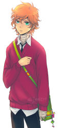 Rule 34 | 1boy, bag, blonde hair, green eyes, male focus, mezamero, original, simple background, solo, sweater, white background