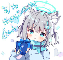 Rule 34 | 1girl, animal ear fluff, animal ears, blue archive, blue eyes, blue halo, blue hoodie, blue scarf, blush, cross hair ornament, dated, ears visible through hair, extra ears, fingernails, gift, grey hair, hair ornament, halo, happy birthday, heart, holding, holding gift, hood, hood down, hoodie, long sleeves, looking at viewer, medium hair, mismatched pupils, open mouth, scarf, shiroko (blue archive), simple background, solo, subin (subin 2011), two side up, white background, wolf ears