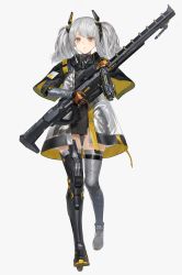 Rule 34 | 1girl, absurdres, badge, blush, boots, chinese commentary, collar, commentary request, dress, full body, grey hair, gun, hair ornament, highres, holding, holding gun, holding weapon, long hair, long sleeves, looking at viewer, orange eyes, original, parted lips, prosthesis, prosthetic arm, qiongsheng, rifle, see-through, simple background, solo, thigh boots, twintails, walking, weapon, white background