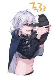 Rule 34 | 1girl, 1other, abs, black cat, cat, closed eyes, covering another&#039;s eyes, girls&#039; frontline, happy, highres, imoko (imonatsuki), jacket, jacket on shoulders, navel, pushing away, sharp teeth, sl8 (girls&#039; frontline), teeth, white background, white hair