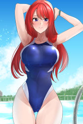 Rule 34 | 1girl, blue eyes, blue sky, blue one-piece swimsuit, breasts, clash kuro neko, cloud, commentary request, competition swimsuit, cowboy shot, day, gluteal fold, highleg, highleg swimsuit, highres, large breasts, long hair, one-piece swimsuit, original, outdoors, pool ladder, red hair, sky, solo, swimsuit