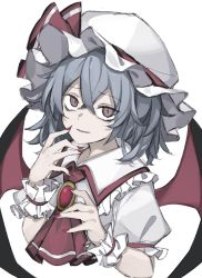 Rule 34 | 1girl, ascot, brown eyes, collar, dress, gem, grey hair, hair between eyes, hands up, hat, hat ribbon, highres, hisha (kan moko), jewelry, looking away, mob cap, nail polish, open mouth, puffy short sleeves, puffy sleeves, red ascot, red nails, red ribbon, remilia scarlet, ribbon, short hair, short sleeves, simple background, smile, solo, touhou, white background, white dress, white hat, white sleeves, wings, wrist cuffs
