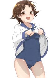 Rule 34 | 1girl, blue one-piece swimsuit, brown eyes, brown hair, commentary request, highres, looking at viewer, miyafuji yoshika, one-piece swimsuit, open mouth, pen tsutsuki, sailor collar, sailor shirt, school swimsuit, shirt, simple background, solo, strike witches, sweat, swimsuit, swimsuit under clothes, white background, world witches series