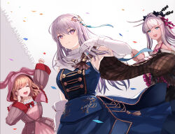 Rule 34 | 3girls, anniversary, arm up, armpits, bare shoulders, blue dress, blue eyes, blunt bangs, clapping, closed eyes, closed mouth, commentary request, confetti, cowboy shot, detached sleeves, dress, final fantasy, final fantasy brave exvius, glaciela wezette, gloves, grey hair, hair between eyes, hair ornament, hirono (hxze4434), hood, hoodie, little leela, long hair, long sleeves, medium hair, multiple girls, official alternate costume, open mouth, pink hood, pink hoodie, red eyes, sleeveless, sleeveless dress, upper body, vinera fennes, war of the visions: final fantasy brave exvius, white gloves, white sleeves