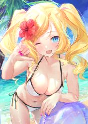 Rule 34 | 1girl, ;d, bad id, bad pixiv id, ball, bare arms, bare shoulders, beach, beachball, bikini, blonde hair, blue eyes, blush, breasts, cleavage, collarbone, commentary request, day, drill hair, fingernails, flower, hair flower, hair ornament, halterneck, honolulu (kancolle), kantai collection, large breasts, long hair, nail polish, ocean, one eye closed, open mouth, ouri (aya pine), pink nails, red flower, shaka sign, side-tie bikini bottom, smile, solo, string bikini, swimsuit, twin drills, twintails, white bikini