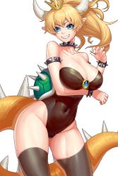 Rule 34 | 1girl, armlet, bare shoulders, black thighhighs, blonde hair, blue eyes, bowsette, bracelet, breasts, cameltoe, cleavage, cleft of venus, collarbone, covered navel, fangs, gonster, grin, highres, horns, jewelry, large breasts, leotard, long hair, looking at viewer, mario (series), new super mario bros. u deluxe, nintendo, pointy ears, ponytail, sharp teeth, simple background, skindentation, smile, solo, spiked armlet, spiked bracelet, spiked shell, spiked tail, spikes, super crown, tail, teeth, thighhighs, white background