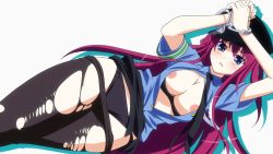 Rule 34 | 10s, 1girl, black bra, black panties, blue eyes, blush, bra, bra pull, breasts, clothes pull, cuffs, female focus, grisaia (series), grisaia no kajitsu, handcuffs, hat, highres, long hair, looking at viewer, medium breasts, nipples, open clothes, open shirt, panties, panties under pantyhose, pantyhose, pantyhose pull, police, police uniform, policewoman, purple hair, shirt, simple background, skirt around belly, solo, suou amane, torn clothes, torn pantyhose, underwear, uniform, very long hair