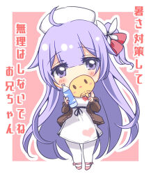 Rule 34 | 1girl, azur lane, bare shoulders, blush, bottle, brown jacket, chibi, commentary request, covered mouth, dress, full body, hair between eyes, hand fan, hat, head tilt, holding, holding bottle, holding fan, jacket, long hair, long sleeves, looking at viewer, manjuu (azur lane), nurse cap, official alternate costume, open clothes, open jacket, outline, pantyhose, paper fan, pink background, pink footwear, puffy long sleeves, puffy sleeves, purple eyes, purple hair, shoes, sleeveless, sleeveless dress, solo, sukireto, translation request, two-tone background, uchiwa, unicorn (angelic nurse) (azur lane), unicorn (azur lane), very long hair, water bottle, white background, white dress, white hat, white outline, white pantyhose