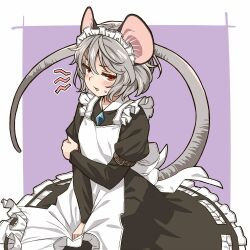 Rule 34 | 1girl, alternate costume, animal ears, armband, blush, commentary, jewelry, long sleeves, maid, maid headdress, mouse ears, mouse girl, mouse tail, nazrin, necklace, short hair, solo, sweatdrop, tail, touhou, yudepii