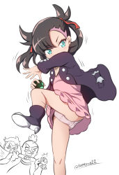 Rule 34 | 1girl, 2boys, black footwear, black hair, black jacket, blue eyes, boots, commentary request, covered mouth, creatures (company), dress, dusk ball, game freak, hair ribbon, highres, holding, holding poke ball, jacket, long hair, long sleeves, marnie (pokemon), multiple boys, nintendo, open clothes, open jacket, panties, pantyshot, pink dress, pink panties, poke ball, pokemon, pokemon swsh, red ribbon, ribbon, shoe soles, simple background, solo focus, spikes, standing, standing on one leg, tamayan, team yell grunt, twintails, twitter username, underwear, white background