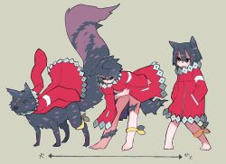 Rule 34 | 1other, androgynous, animal ears, arrow (symbol), barefoot, beige background, body fur, bright pupils, coat, commentary request, dog, dog ears, dog tail, fang, hair between eyes, hair ornament, hairclip, hands in pocket, knees together feet apart, kometsubu, leg ribbon, long sleeves, long tail, multiple views, naked coat, original, parted lips, red coat, ribbon, short hair, simple background, skin fang, standing, tail, transformation, translation request, white pupils, yellow eyes, yellow ribbon