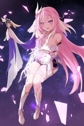 Rule 34 | 1girl, absurdres, bare shoulders, bell, black shorts, breasts, bridal garter, broken glass, cleavage, crystal flower, detached sleeves, elf, elysia (herrscher of human:ego) (honkai impact), elysia (honkai impact), floating, glass, gloves, hair ornament, highres, honkai (series), honkai impact 3rd, long hair, looking at viewer, nedo645685229, pink hair, pink pupils, pointy ears, shirt, short shorts, short sleeves, shorts, sky, smile, solo, star (sky), starry sky, thighhighs, thighs, triquetra, very long hair, vest, white footwear, white shirt, white vest, zettai ryouiki