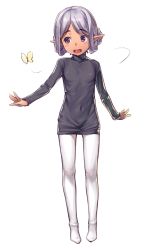Rule 34 | 1girl, breasts, bug, butterfly, covered navel, dark-skinned female, dark skin, elf, full body, h kasei, insect, light purple hair, long sleeves, open mouth, original, pantyhose, petite, pointy ears, purple eyes, shirt, small breasts, smile, solo, tan, turtleneck, white pantyhose