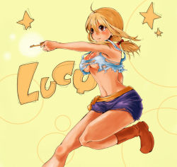 Rule 34 | 1girl, blonde hair, breasts, character name, fairy tail, key, large breasts, lucy heartfilia, midriff, torn clothes