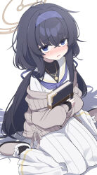 Rule 34 | 1girl, absurdres, black hair, black undershirt, blue archive, blue eyes, blue hairband, blue neckerchief, blush, book, brown cardigan, brown halo, cardigan, full body, hair between eyes, hairband, halo, highres, hiroikara (smhong04), holding, holding book, jewelry, long hair, long skirt, long sleeves, looking at viewer, low twintails, neckerchief, off shoulder, on floor, parted lips, pendant, sailor collar, school uniform, serafuku, shadow, sidelocks, simple background, sitting, skirt, solo, twintails, ui (blue archive), wariza, white background, white sailor collar, white serafuku, white skirt
