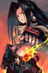 Rule 34 | 1boy, asakura hao, belt, black gloves, black hair, black pants, cape, closed mouth, earrings, fingerless gloves, fire, gloves, hand up, hungry clicker, jewelry, long hair, male focus, navel, pants, pyrokinesis, red eyes, shaman king, topless male, simple background, smile, solo, standing, star (symbol), star earrings, upper body, v-shaped eyebrows