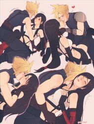 Rule 34 | 1boy, 1girl, bad id, bad twitter id, bare shoulders, black hair, black skirt, black thighhighs, blonde hair, blue eyes, blush, boy on top, breasts, cloud strife, couple, crop top, detached sleeves, earrings, final fantasy, final fantasy vii, final fantasy vii remake, fingerless gloves, gloves, hand on another&#039;s face, heart, highres, jewelry, kiss, large breasts, long hair, looking at another, low-tied long hair, midriff, pudelmudel, red eyes, skirt, sleeveless, sleeveless turtleneck, spiked hair, suspender skirt, suspenders, tank top, thighhighs, tifa lockhart, turtleneck