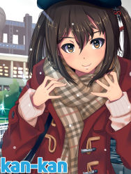 Rule 34 | 10s, 1girl, brown eyes, brown hair, casual, coat, hair ornament, hat, kantai collection, looking at viewer, mistrail, scarf, sendai (kancolle), short hair, smile, snow, solo, two side up