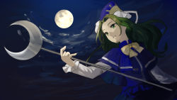Rule 34 | 1girl, capelet, cloud, facing away, full moon, green eyes, green hair, hat, highres, index finger raised, long hair, long sleeves, matching hair/eyes, mima (touhou), moon, night, outdoors, parted lips, pinky out, ribbon, skirt, skirt set, solo, staff, tamae (pixiv40276), touhou, touhou (pc-98), wizard hat