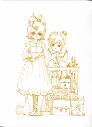 Rule 34 | 1boy, 1girl, absurdres, alien (alienlolita), bad id, bad pixiv id, bag, bespectacled, bookshelf, briefcase, brother and sister, cat, dress, glasses, hair ornament, hairclip, highres, kagamine len, kagamine rin, lineart, monochrome, reading, school bag, school briefcase, short hair, short ponytail, siblings, slippers, trash can, vocaloid