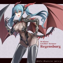 Rule 34 | 1girl, absurdres, armor, azur lane, black thighhighs, blue hair, bodystocking, breasts, character name, claws, cross, dated, dragon horns, dragon tail, dragon wings, hair between eyes, hand on own hip, hebitsukai-san, highres, horns, iron cross, large breasts, long hair, mechanical horns, mechanical tail, open mouth, pointy ears, regensburg (azur lane), shoulder armor, shoulder spikes, slit pupils, solo, spikes, tail, thighhighs, twintails, twitter username, wings, yellow eyes