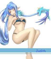 Rule 34 | 00s, 1girl, bad id, bad pixiv id, baul (tales), bikini, black bikini, blue hair, breasts, character name, elf, judith (tales), legs, long hair, o-ring, o-ring top, official alternate costume, one eye closed, pointy ears, polpon, purple eyes, solo, swimsuit, tales of (series), tales of vesperia, tri tails, underboob, very long hair, white background, wink