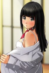 Rule 34 | 1girl, black eyes, black hair, blurry, blurry background, blush, bow, bowtie, bra, commentary request, depth of field, diagonal-striped bow, diagonal-striped bowtie, diagonal-striped clothes, diagonal-striped neckwear, grey shirt, highres, indoors, long hair, long sleeves, looking at viewer, looking to the side, matsunaga kouyou, nose blush, off shoulder, open clothes, open shirt, original, parted lips, red neckwear, shirt, sleeves past wrists, solo, standing, striped bow, striped bowtie, striped clothes, striped neckwear, underwear, white bra