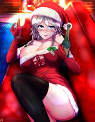 Rule 34 | 1girl, alternate breast size, alternate costume, bad id, bad pixiv id, bare shoulders, black thighhighs, blue eyes, blush, bottle, bow, braid, breasts, cleavage, collarbone, couch, cup, dress, drinking glass, drunk, elbow gloves, fireplace, fur trim, gloves, green bow, hair bow, hat, highres, ibara azuki, izayoi sakuya, keiazu, large breasts, looking at viewer, lying, nose blush, on back, parted lips, red gloves, santa costume, santa hat, short dress, silver hair, smile, solo, thighhighs, touhou, twin braids, wine bottle, wine glass