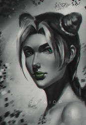 Rule 34 | 1girl, absurdres, bare shoulders, chinese commentary, double bun, forehead, green eyes, green lips, greyscale, hair bun, highres, jojo no kimyou na bouken, kuujou jolyne, looking away, looking to the side, monochrome, parted bangs, realistic, shaded face, solo, valkyrie (ekpk5223)