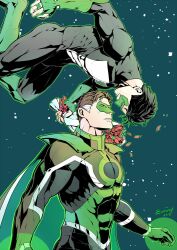 Rule 34 | 2boys, artist name, bara, black bodysuit, black hair, bodysuit, boots, bouquet, cape, covered abs, dc comics, domino mask, evinist, falling petals, fingerless gloves, flower, gloves, green bodysuit, green cape, green gloves, green lantern, green lantern (series), hal jordan, highres, holding, holding bouquet, jewelry, kyle rayner, large pectorals, looking at another, magic, male focus, mask, multicolored bodysuit, multicolored clothes, multicolored hair, multiple boys, muscular, muscular male, pectorals, petals, red flower, red rose, ring, rose, short hair, superhero costume, thick thighs, thighs, two-tone hair, white bodysuit, white hair, yaoi