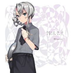 Rule 34 | 1girl, adjusting neckwear, asymmetrical hair, black neckerchief, black skirt, blush, buttons, character name, collared shirt, dated, flipped hair, gloves, grey eyes, hair between eyes, holding, holding tray, jouhou, kantai collection, long hair, looking away, name tag, neckerchief, notepad, nowaki (kancolle), pen, shirt, sidelocks, silver hair, skirt, smile, solo, striped clothes, striped shirt, swept bangs, tray, twitter username, white gloves