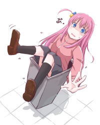 Rule 34 | 1girl, black socks, blue eyes, blush, bocchi the rock!, brown footwear, cube hair ornament, gotoh hitori, grey skirt, hair ornament, highres, jacket, long hair, long sleeves, maruyo, one side up, open mouth, pink hair, pink jacket, pleated skirt, shoes, skirt, socks, solo, track jacket