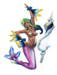 Rule 34 | 1girl, arm strap, arm up, bikini, bikini top only, blue eyes, breasts, circlet, dark skin, dark-skinned female, fins, full body, green hair, harp, head fins, highres, instrument, jewelry, large breasts, long hair, looking at viewer, mermaid, monster girl, nail polish, navel, official art, open mouth, scrunchie, seashell, shell, simple background, sirenetta (wonderland wars), solo, swimsuit, white background, wonderland wars, wrist scrunchie