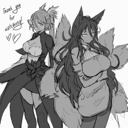 Rule 34 | 2girls, animal ears, breasts, character request, cleavage, cloud kingdom, crossed arms, fox ears, fox tail, greyscale, large breasts, long hair, monochrome, multiple girls, multiple tails, pas (paxiti), showgirl skirt, sketch, tail, thank you, thighhighs