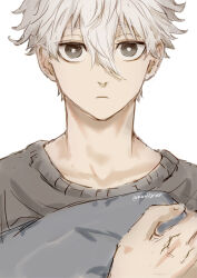 Rule 34 | 1boy, blue lock, bright pupils, commentary request, grey eyes, grey sweater, hair between eyes, looking at viewer, male focus, nagi seishirou, nori20170709, hugging object, short hair, simple background, solo, sweater, twitter username, white background, white hair, white pupils