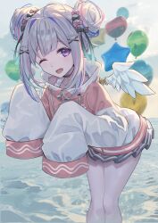 Rule 34 | 1girl, amane kanata, grey hair, hair bun, hololive, hopepe, looking at viewer, one eye closed, open mouth, purple eyes, smile, solo, standing, wings