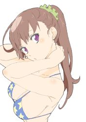 Rule 34 | 1girl, absurdres, arms behind head, bad id, bad twitter id, bare arms, bare shoulders, bikini, blue bikini, breasts, brown hair, donguri suzume, hands up, highres, long hair, looking at viewer, looking to the side, medium breasts, purple eyes, scrunchie, simple background, solo, star (symbol), star print, swimsuit, upper body, white background