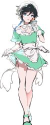 Rule 34 | 1boy, absurdres, androgynous, apron, blush, crepe, crossdressing, dress, food, full body, genshin impact, gloves, green dress, highres, holding, holding food, kkopoli, looking at viewer, low twintails, maid, maid apron, maid headdress, mini wings, multicolored hair, short sleeves, sketch, solo, tongue, tongue out, trap, twintails, venti (genshin impact), white gloves, wings
